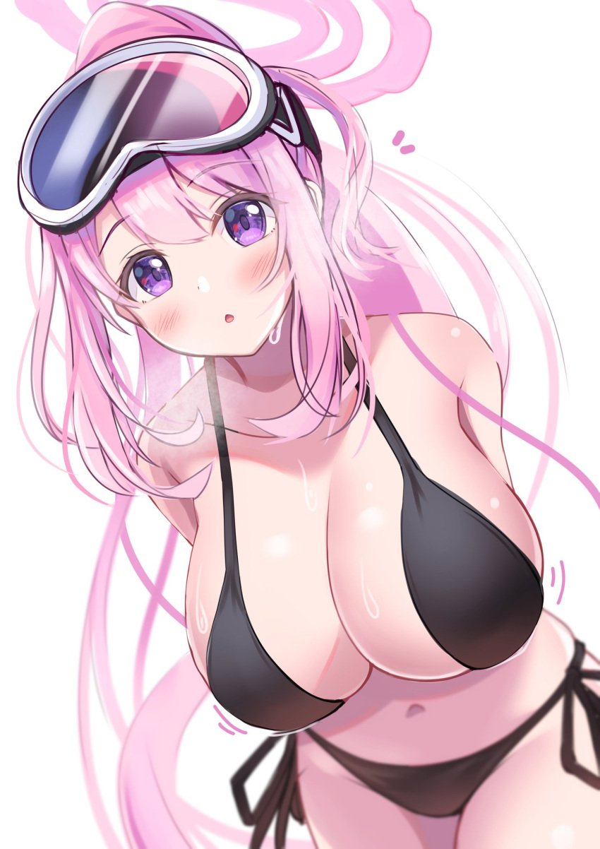 bending_forward bikini black_bikini blue_archive blush bouncing_breasts breasts chestnut_mouth collarbone dot_nose eimi_(blue_archive) eimi_(swimsuit)_(blue_archive) female goggles goggles_on_head halo hanging_breasts highres large_breasts looking_at_viewer millennium_science_school_student motion_lines navel notice_lines pink_hair pink_halo purple_eyes simple_background ski_goggles solo super_phenomenon_task_force_(blue_archive) sweat swimsuit tongue white_background yuki_yuduki yuzuki_yuki_(another_yuki)