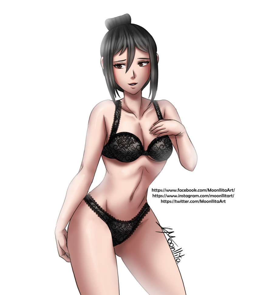 bare_shoulders black_hair frills hand_on_breast hand_on_hip lingerie moonllita_(artist) morag_ladair_(xenoblade) navel nintendo smile tied_hair toned watermark xenoblade_(series) xenoblade_chronicles_2