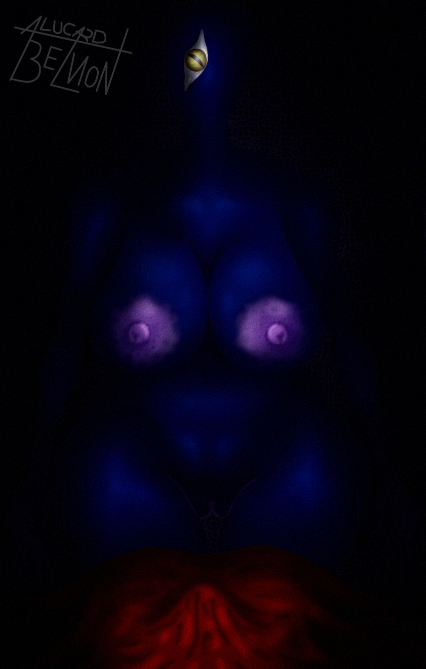 1boy 1girls alucard_belmont anthro areolae artist_signature bed blue_body blue_skin boner breasts breasts breasts demon female female humanoid monster nipples one_eye out_of_frame out_of_frame_male plump plump_thighs pov pov_male purple_nipples solo solo_female yellow_eyes