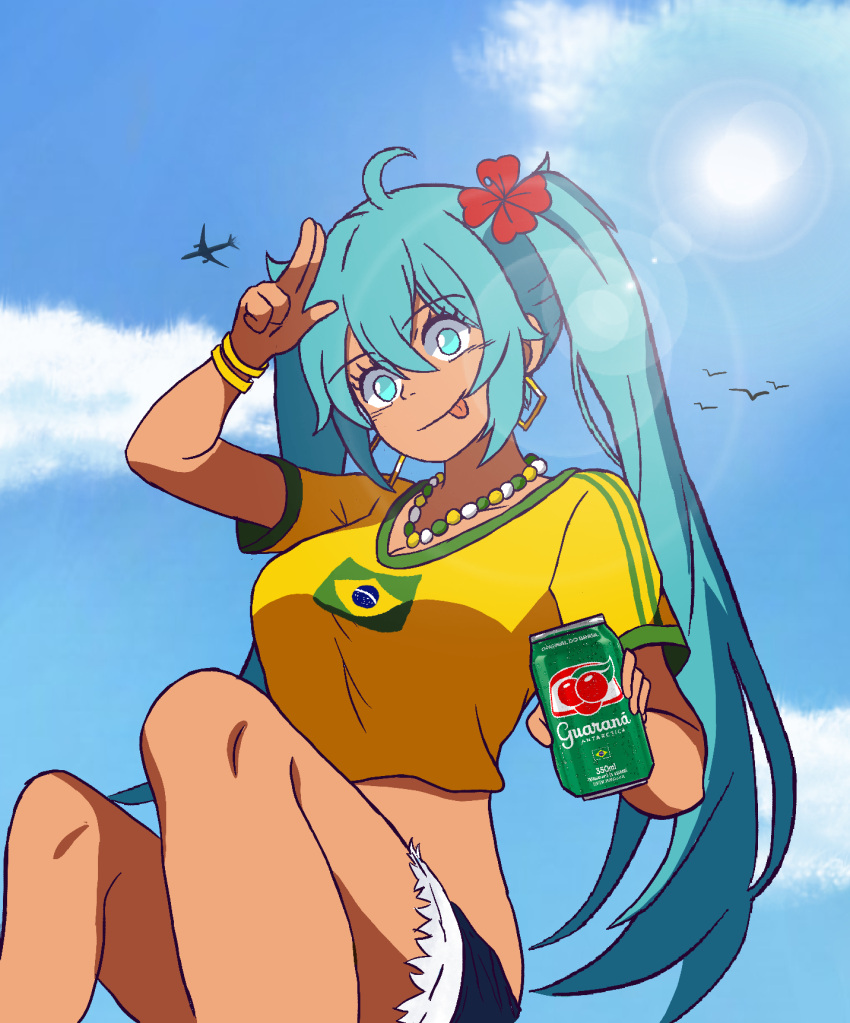 brazil brazilian brazilian_female brazilian_miku cyan_hair golden_earrings hatsune_miku ketrita soda_can vocaloid yellow_shirt