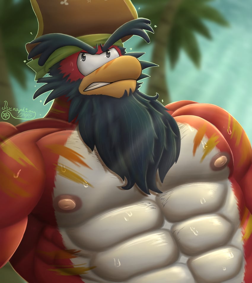 absurd_res anthro avian beard bird bodily_fluids captain_rockhopper club_penguin duckaphion facial_hair hi_res male muscular muscular_male nipples palm_tree pecs penguin pirate pirate_hat plant red_body solo sweat tree white_body