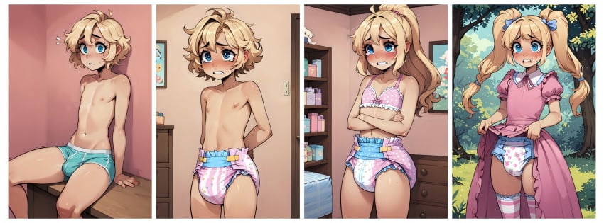 ai_generated blonde_hair blue_eyes boy bra comic crossdressing crying diaper diaper_fetish dress dress_lift femboy feminine_male feminization forced forced_feminization girly humiliation indoors long_hair male male_only nursery outdoors paddedpups panic pink_clothing ponytail scared short_hair tears thigh_highs transformation_sequence trap twintails