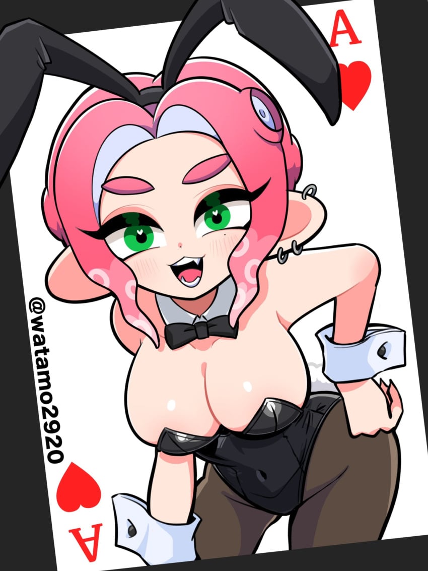 ace_of_hearts barely_contained big_breasts black_leotard bowtie breasts bunny_ears bunnysuit card cleavage covered_navel detached_collar detached_sleeves ear_piercing earrings fake_animal_ears fangs green_eyes hand_on_hip heart-shaped_pupils highleg highleg_leotard hips leaning_forward leotard light-skinned_female navel octoling octoling_girl open_mouth pantyhose red_hair short_hair splatoon splatoon_3 strapless strapless_leotard watamo2920