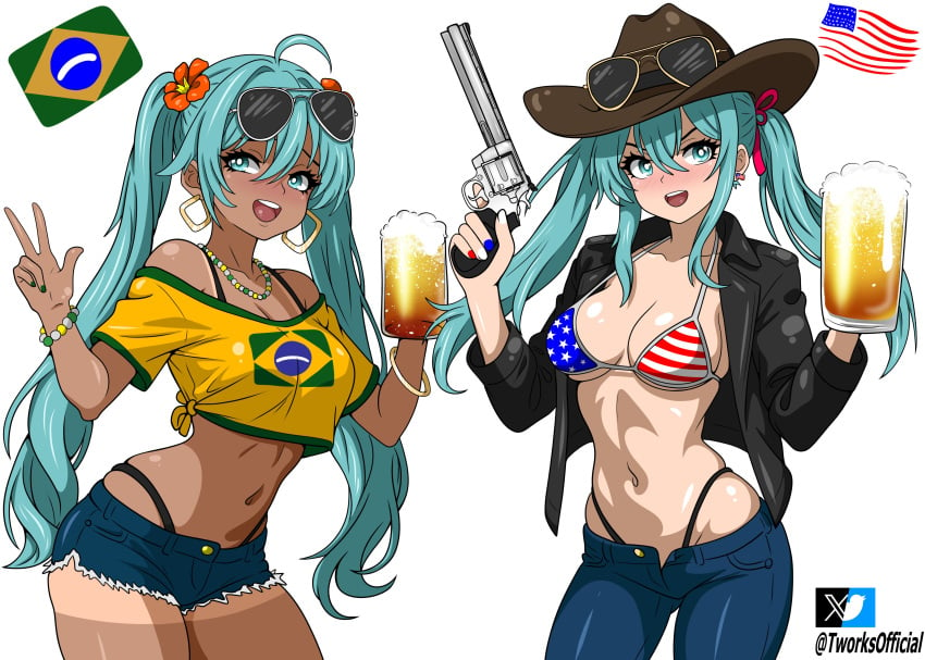 2girls abdomen american_flag_bikini american_miku ass beer beer_mug big_ass big_breasts big_thighs bikini blush brazil brazilian brazilian_female brazilian_miku breasts clothing cyan_eyes cyan_hair female female_only firearm flag_print freedom_miku gun handgun hatsune_miku holding_weapon huge_ass huge_thighs large_breasts latin_american_hatsune_miku_(meme) long_hair looking_at_viewer navel open_mouth pale_skin pose revolver short_pants smile solo tagme tan tan_body tanned thick_hips thick_thighs thighs twintails tworksofficial vocaloid weapon