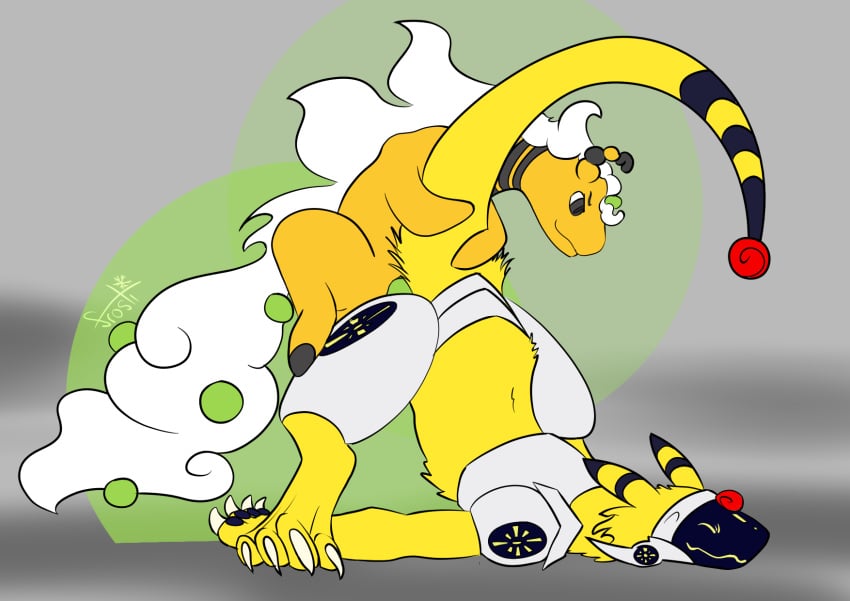 ampharos anal frostidragon fur generation_2_pokemon hi_res hybrid looking_pleasured machine male male/male nintendo pokemon pokemon_(species) protogen size_difference small_dom_big_sub tail tail_grab yellow_body yellow_fur