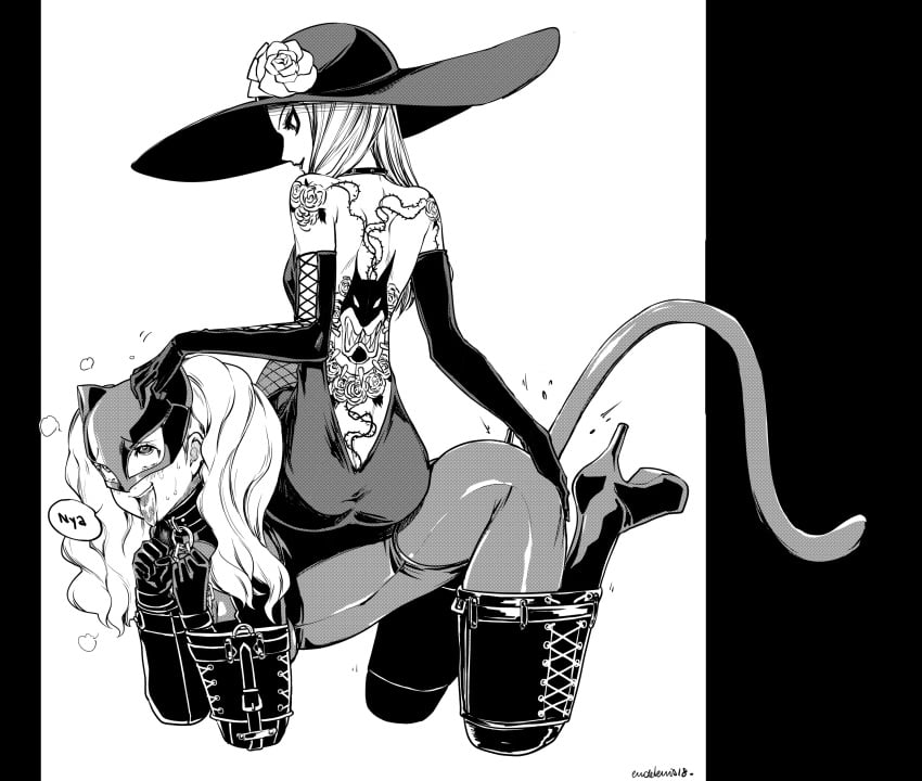 2girls all_fours ann_takamaki back_tattoo bitchsuit blonde_hair blue_eyes bodysuit buttplug buttplug_tail collar dominatrix dress eudetenis gloves hat high_heel_boots high_resolution long_gloves long_hair mask mind_break multiple_girls persona persona_5 pet_play petplay phantom_thief_suit piddlefours pink_gloves red_ball_gag red_bodysuit sae_niijima shadow_sae silver_hair sitting sitting_on_person sitting_on_sub slave tail tail_plug twintails wrist_cuffs yuri