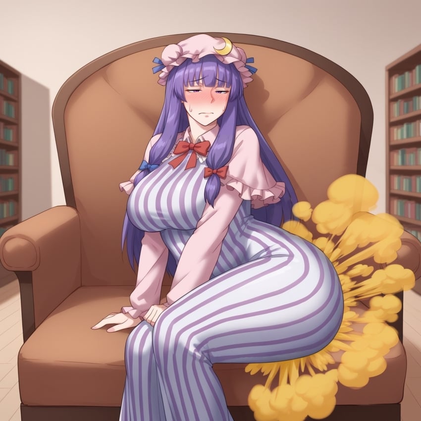 ai_generated chair embarrassed fart fart_fetish farting female indoors leaning_to_the_side mob_cap nose_blush on_chair patchouli_knowledge purple_eyes purple_hair raised_eyebrows sitting solo sweatdrop touhou vertical_stripes