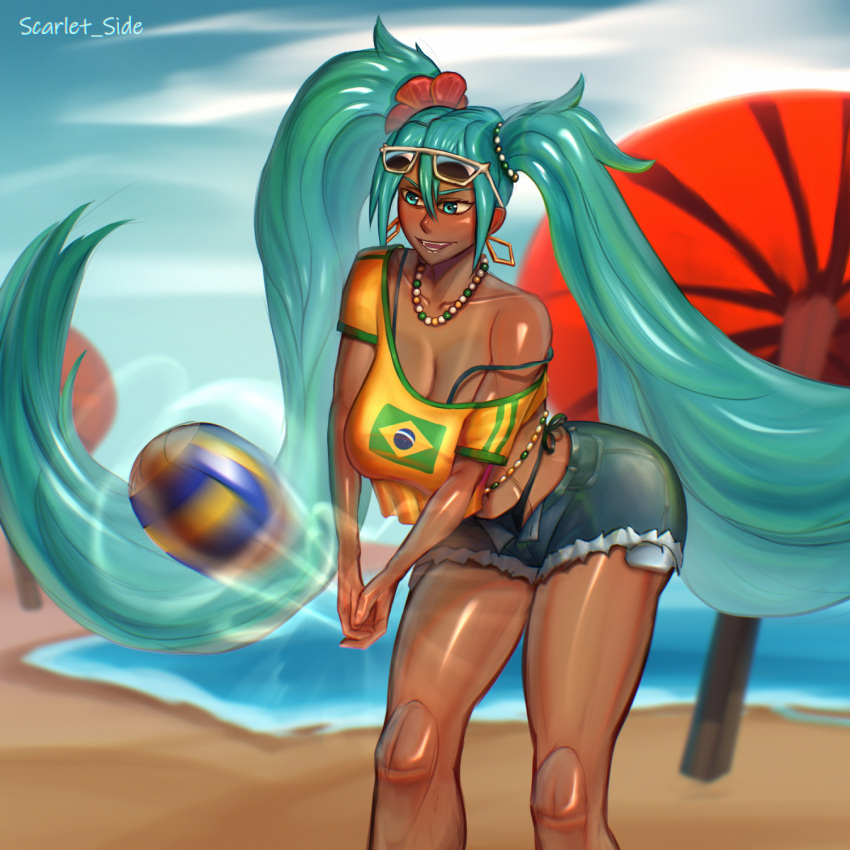 1girls 2024 ass beach big_breasts blush brazil brazilian brazilian_female brazilian_flag brazilian_miku breasts clothed clothing cloud cyan_hair dark-skinned_female dark_skin ear_piercing earrings fangs female glasses grin hatsune_miku huge_breasts illustration long_hair open_mouth piercing piercings sand scarlet_side sea smile summer sunglasses tan_lines tanned tanned_female tanned_skin teeth thick_thighs thighs underwear underwear_down vocaloid volleyball water