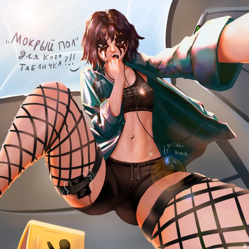 black_hair black_lipstick black_makeup black_tank_top blue_jacket elevator elevator_door fishnets from_below goth green_eyes headphones jacket jean_shorts lipstick makeup mp3_player russian russian_text shorts tank_top wet_floor_sign