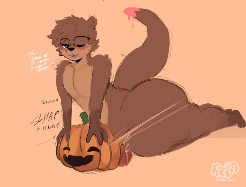 big_ass blank_background brown_fur dumptruck_ass femboy fur furry glasses halloween huge_ass improvised_sex_toy kawa_(rebouwu) looking_at_viewer male masturbation otter pumpkin rebouwu thick_thighs wink