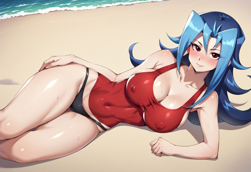 ai_generated bikini blue_hair blush duelistmuser edit erect_nipples female huge_breasts kamishiro_rio long_hair looking_at_viewer lying mature muscular_female navel red_eyes rio_kamishiro smile solo summer sweatdrop swimsuit thick_legs yu-gi-oh! yu-gi-oh!_zexal