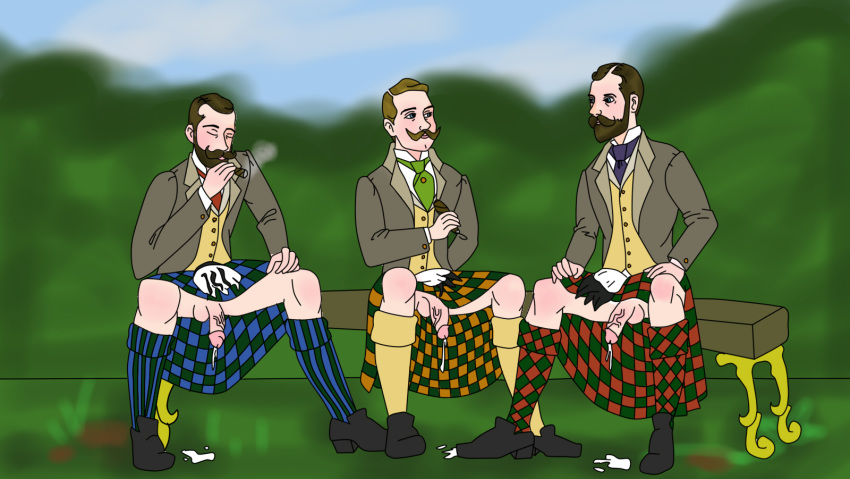 3boys after_ejaculation beard big_balls big_penis cigar clothed clothing collared_shirt cum_dripping cum_puddle eyes_closed facial_hair flaccid gabrielrd gay green_background group kaiser_wilhelm_ii kilt king_george_v looking_at_another mustache necktie on_bench parted_hair penis_size_difference penis_under_skirt raised_skirt smoking socks_and_shoes sporran spread_legs suit_jacket tsar_nicholas_ii united_kingdom veiny_penis vest yaoi