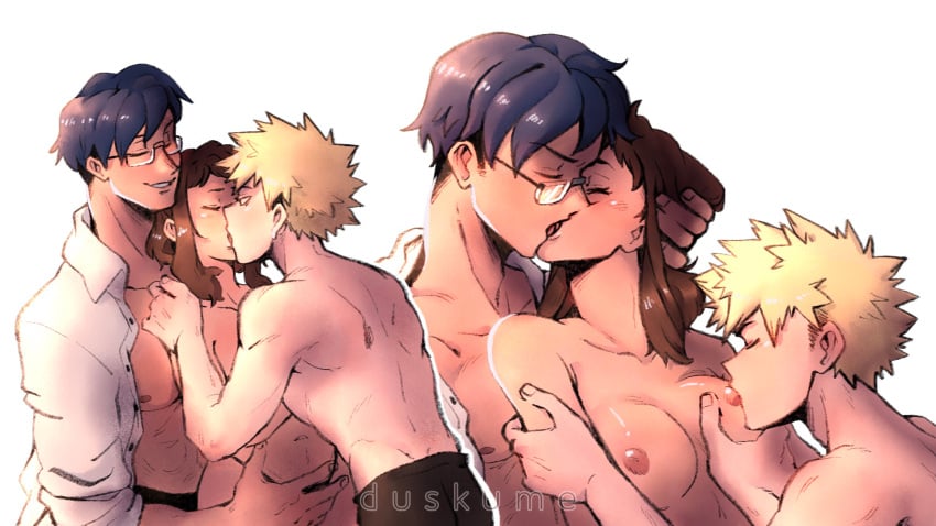 1girls 2boys 2boys1girl arm_grab artist_name bisexual bisexual_male black_panties black_pants blonde_hair blue_hair blush breast_grab breast_sucking breasts brown_hair closed_eyes color dark_blue_hair duskume glasses hand_on_another&#039;s_arm hand_on_another&#039;s_head hand_on_another&#039;s_shoulder hand_on_crotch happy_sex katsuki_bakugou kissing lighting looking_at_partner mmf_threesome muscular muscular_male my_hero_academia nipples ochako_uraraka open_clothes open_shirt panties panties_only partially_clothed polyamory romantic romantic_couple shirtless short_hair shoulder_grab slight_blush smile spiky_hair standing standing_sex straight tenya_iida threesome topless unbuttoned unbuttoned_shirt watermark white_background white_shirt wholesome