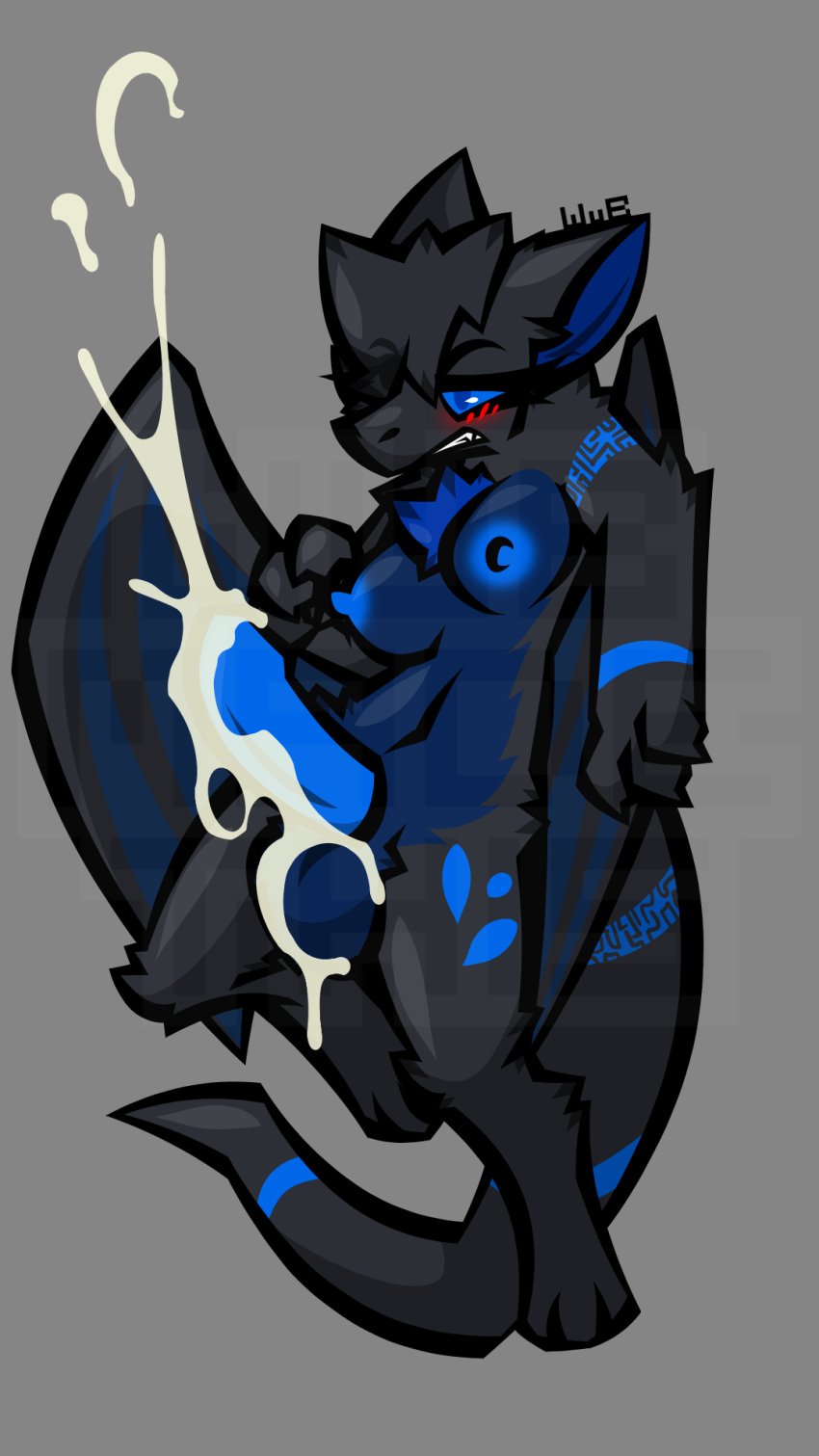 anthro bat black_body black_fur blue_body blue_eyes blue_fur blue_penis blush bodily_fluids breasts chest_tuft cum dust:_an_elysian_tail excessive_cum excessive_genital_fluids eye_through_hair fuko fur genital_fluids genitals grey_background gynomorph hair hi_res humanoid_genitalia humanoid_penis intersex long_tail mammal markings nimbat nipples penis signature simple_background solo spots tail translucent translucent_hair tuft watermark wings wub_(artist)