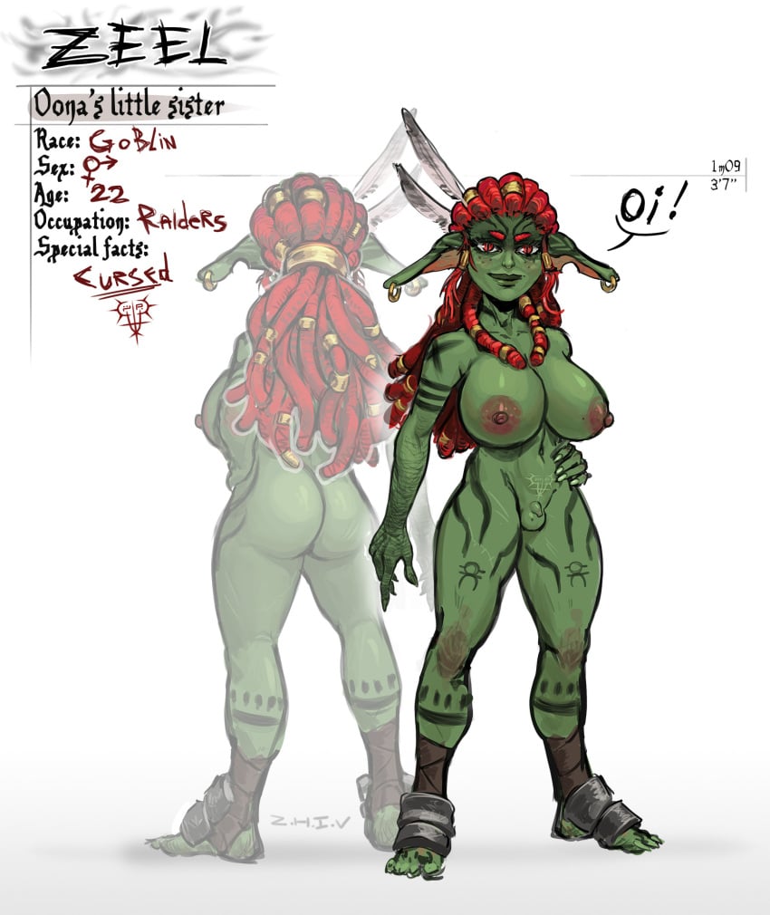 1futa armored_feet back_view balls bare_shoulders barefoot big_areola big_ass big_breasts big_butt body_markings body_scars bodypaint breasts character_sheet dreadlocks earrings fantasy feather_hair_ornament flaccid flaccid_penis freckles freckles_on_face front_view futanari goblin goblin_female goblin_futanari gold_jewelry green_body green_skin hand_on_hip highres huge_breasts large_breasts leather_straps long_ears looking_at_viewer micropenis mole_on_balls mole_on_breast naked naked_futanari navel nipples nude_variant original red_dreadlocks red_eyes red_hair scar shortstack shortstack_futa slim_waist small_but_busty small_penis smaller_female solo solo_futa text thick_thighs white_background zeel_(zhiv) zhiv