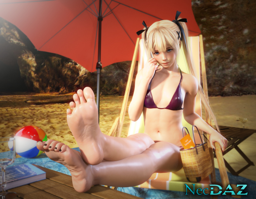 1girls 3d bangs bare_legs barefoot basket beach beach_ball beach_umbrella bikini bikini_bottom bikini_top black_toenails blonde_hair blue_eyes blush bra breasts clothed_female cute dead_or_alive erect_nipples erect_nipples_under_clothes feet feet_together feet_up female female_focus female_only foot_focus highres light-skinned_female light_skin long_hair looking_at_viewer marie_rose midriff nail_polish navel necdaz91 nipples nipples_visible_through_clothing outdoors petite pov_feet presenting_feet sand sitting small_breasts soles solo solo_female sunscreen swimsuit thighs tied_hair toe_ring toenail_polish toes toned toned_female twintails umbrella