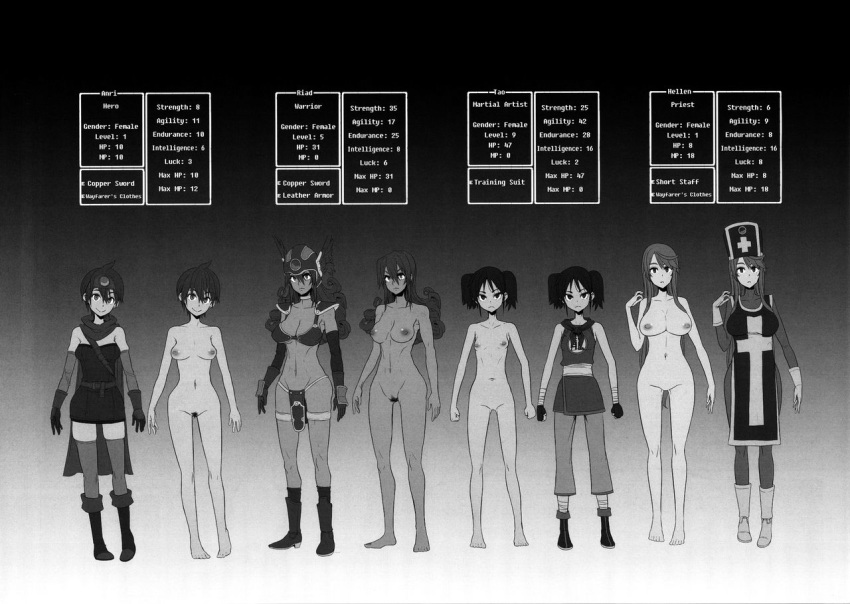 4girls big_breasts clothing da_hootch dragon_quest dragon_quest_iii dress english_text eroquis female_only fighter_(dq3) flat_chest heroine_(dq3) large_breasts medium_breasts model_sheet monochrome priest priest_(dq3) pubic_hair roto shindou_l small_breasts soldier_(dq3) stats tagme text warrior