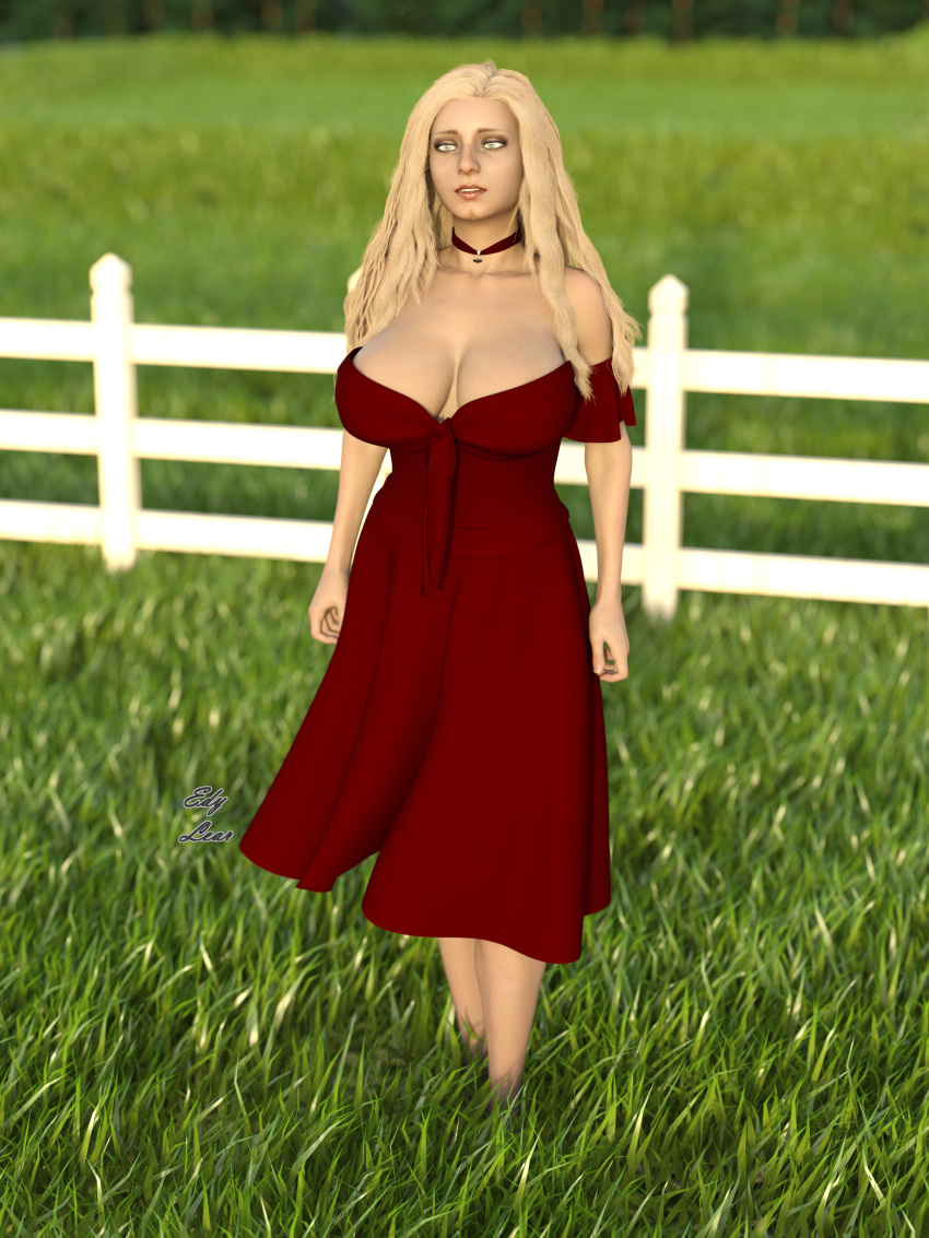 big_breasts blonde_hair blue_eyes breasts dress edylear female field grass huge_breasts