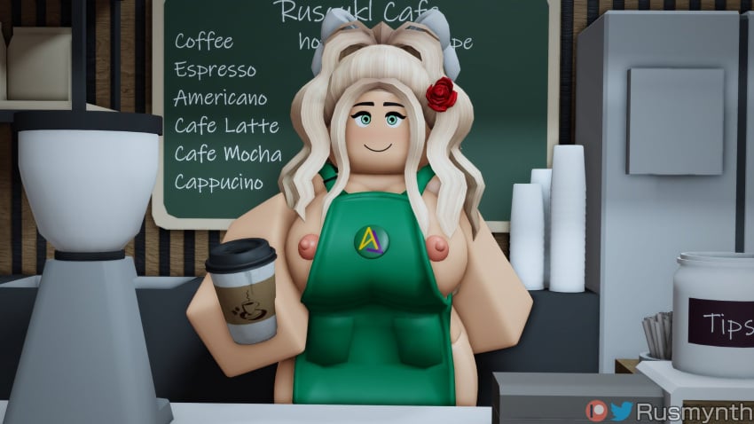 3d 3d_(artwork) apron big_breasts blonde_hair breasts breasts_out ellie_(rusmynth) green_eyes hi_res huge_breasts human iced_latte_with_breast_milk long_hair meme nipple_slip nipples original_character pink_nipples roblox robloxian rusmynth smile starbucks video_games workplace