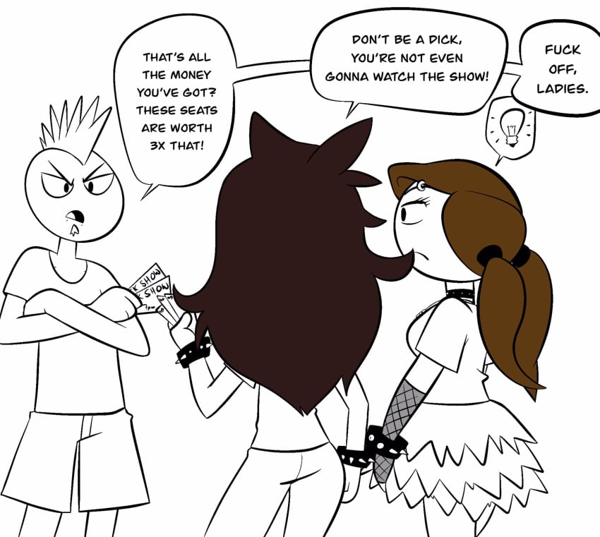 1boy 2girls brown_hair choker clothed clothes cursing fishnet_armwear jaiden jaiden_animations jaidenanimations joshin let_me_explain_studios mohawk pants piercing pigtails rebecca_parham shorts skirt speech_bubble stickman stickmans text youtube youtuber