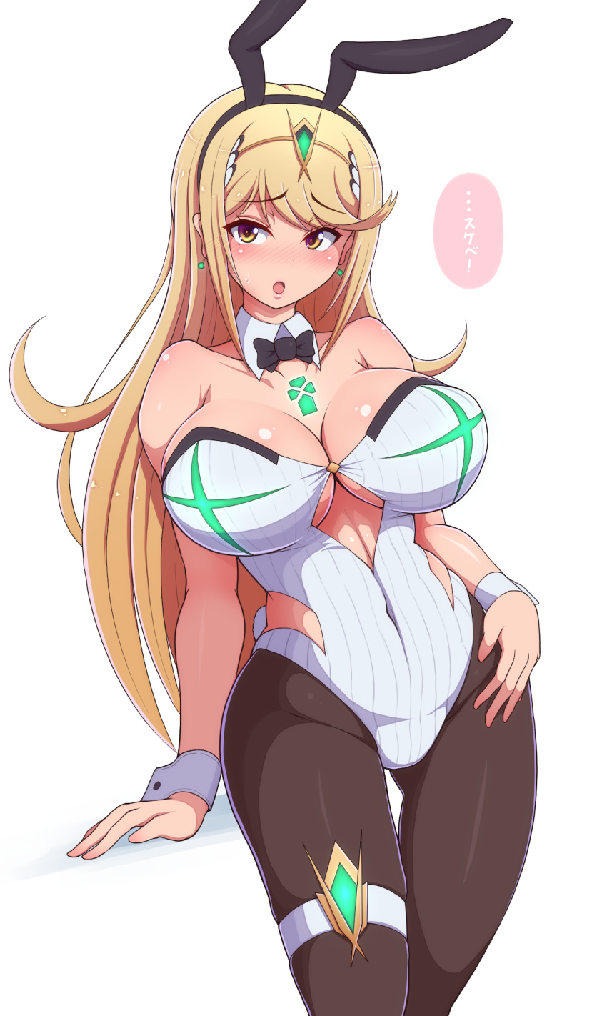 big_breasts blonde_hair brown_eyes bunny_ears bunny_girl bunnysuit female female_only japanese_text katakana latex long_hair mythra pantyhose ponpo ponponmaru skindentation solo solo_female solo_focus text thick_thighs translated voluptuous white_background wide_hips xenoblade_(series) xenoblade_chronicles_2