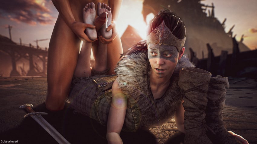 3d 3d_(artwork) barefoot commission cum facepaint feet feet_up foot_fetish footjob hellblade high_resolution highres lying_down senua subsurfaced