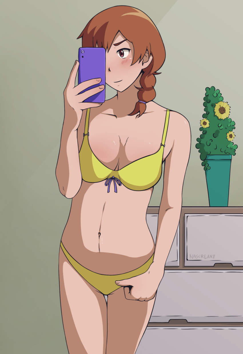 bikini blush digimon french_braid nascreant selfie sora_takenouchi yellow_bikini