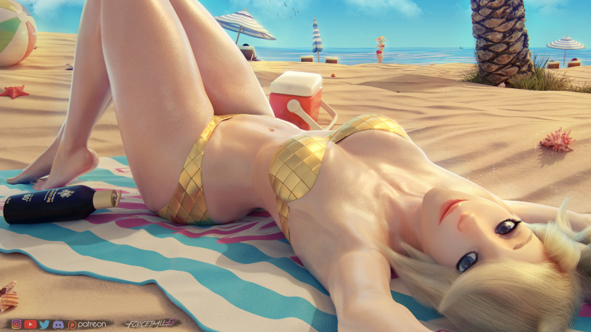 1girls 3d 4k absurdres barefoot bikini blender blonde_hair feet female female_only forceballfx gold_toenails highres looking_at_viewer mercy overwatch solo toes