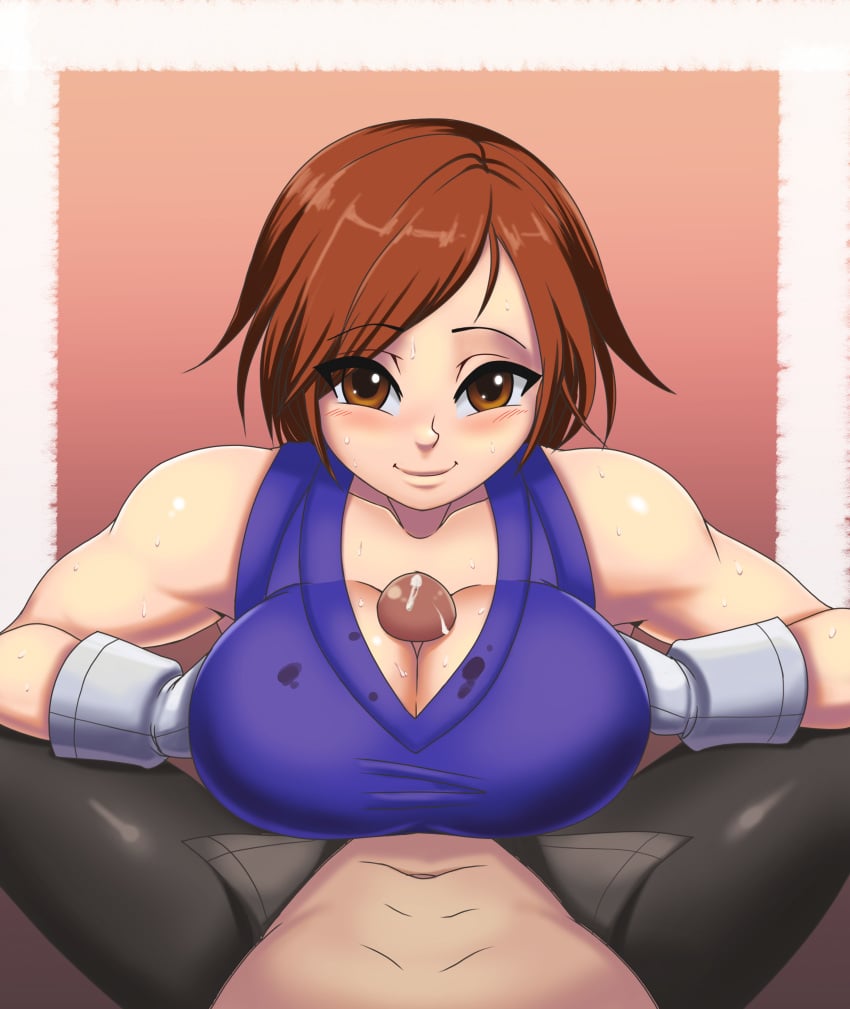 1boy 1girls big_breasts brown_eyes brown_hair clothed cum cum_between_breasts ejaculation_between_breasts female gez1313 kazama_asuka large_breasts male namco nipples nipples_visible_through_clothing paizuri short_hair straight tekken