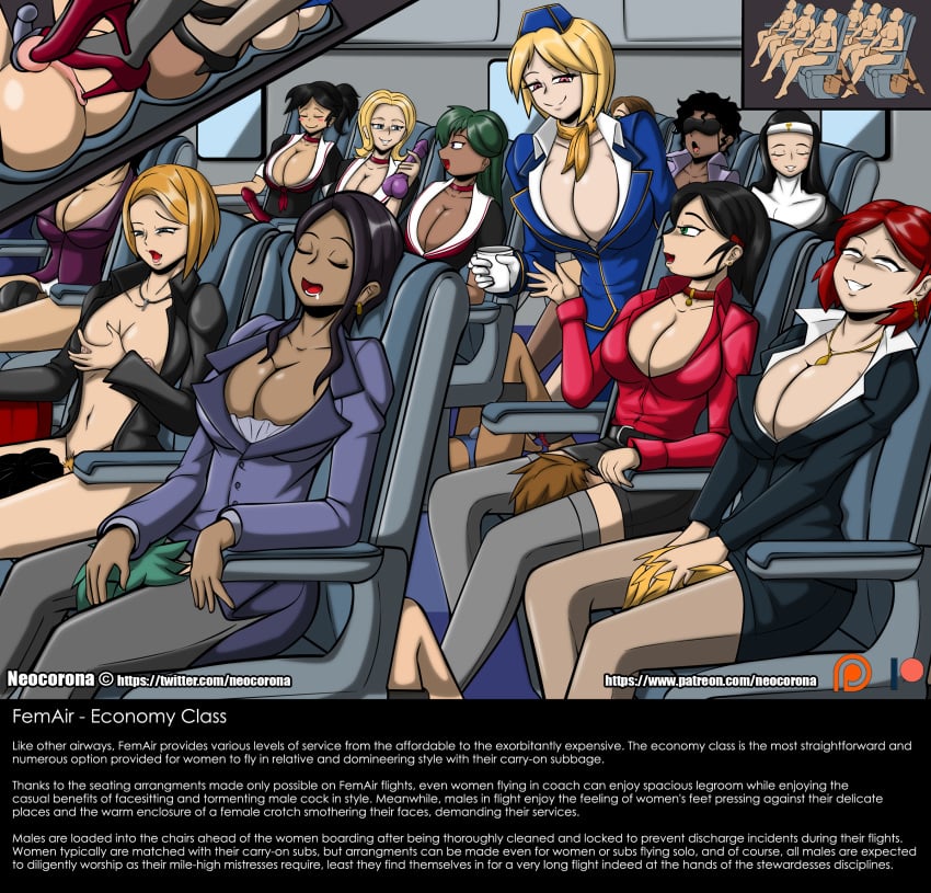 6+boys 6+girls areola_slip areolae black_hair blonde_hair bondage breasts brown_hair cleavage closed_eyes clothed clothing dark-skinned_female dark-skinned_male dark_skin dildo earrings english_text exhibitionism facesitting facesitting_custom_seat female female_focus femdom green_hair heels high_heels huge_breasts human human_only legwear male malesub multiple_boys multiple_girls multiple_subs navel necklace neocorona nipples red_hair rolling_eyes sex_toy shiny shiny_hair shiny_skin short_hair sitting smile stewardess straight text thighhighs uniform