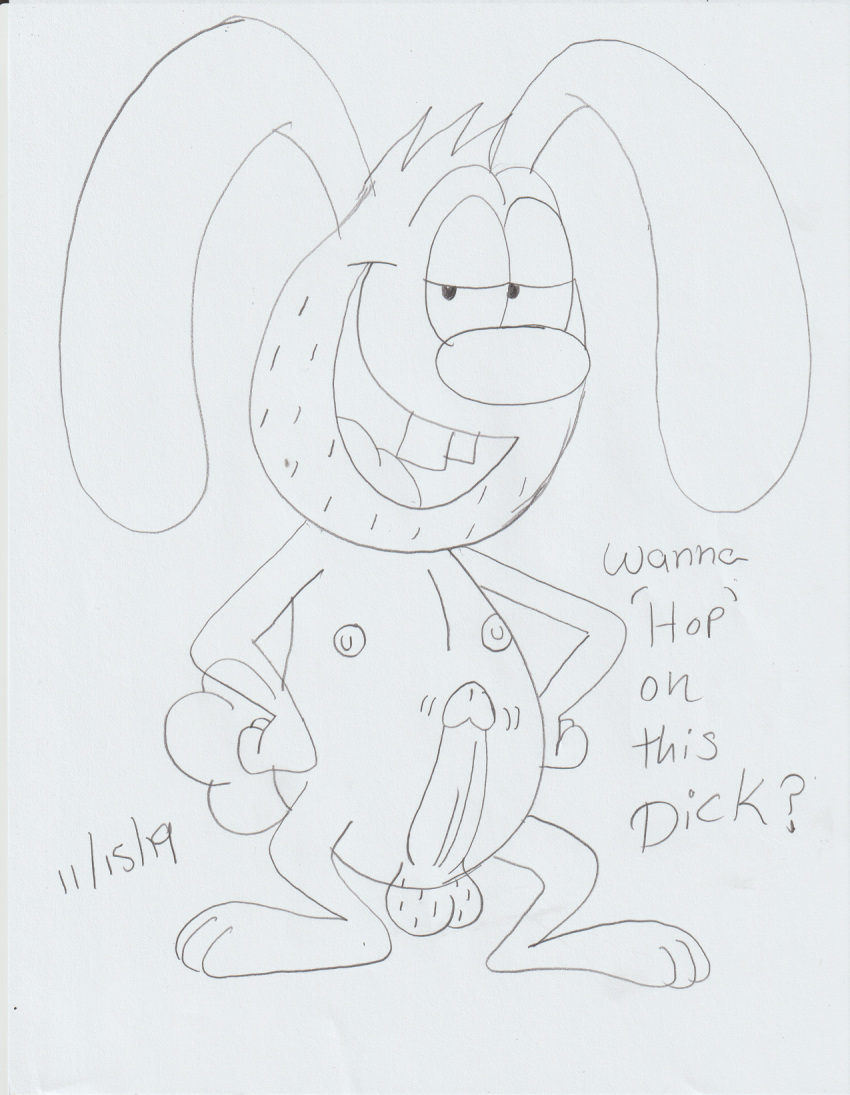 1boy big_penis brandy_and_mr._whiskers bunny dialogue disney disney_channel erect_nipples erection facial_hair hairy_balls half-closed_eyes hands_on_hips inviting_to_sex long_ears male male_only monochrome mr._whiskers nudity penis presenting_penis rabbit rough_sketch sketch solo_male stubble toon_disney toonophile