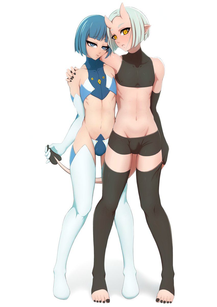 2021 2boys arm_around_shoulders black_nails blue_eyes blue_hair boyshorts bulge deadslot4 demon demon_boy demon_horns femboy fingerless_gloves girly gloves halter_top haruko_(deadslot) hi_res looking_at_viewer midriff mun_(deadslot) open_mouth original pointy_ears stirrup_legwear stirrup_thighhighs tail tail_grab thigh_boots thong toned twink yellow_eyes