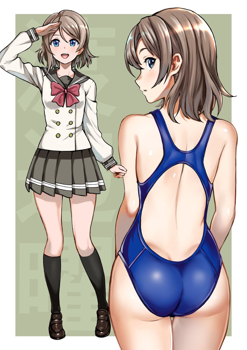 ass back blue_eyes competition_swimsuit eye_contact grey_hair looking_at_viewer love_live! love_live!_sunshine!! one-piece_swimsuit pukara salute school_uniform schoolgirl short_hair shoulders swimsuit watanabe_you