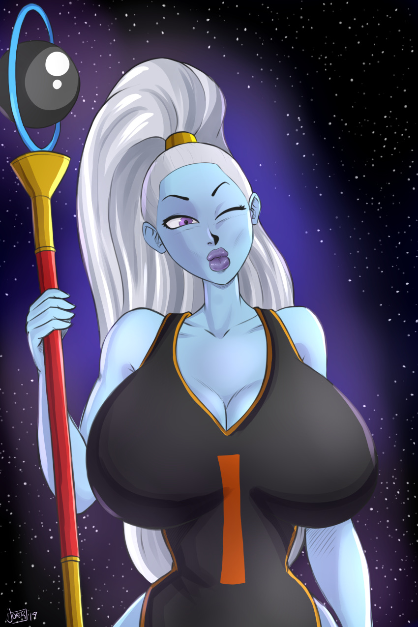 1girls angel angel_(dragon_ball) artist_name artist_signature big_breasts big_lips blue_lips blue_lipstick blue_skin breasts cleavage curvaceous curvy curvy_figure dragon_ball dragon_ball_super female female_focus female_only hair hair_ornament hips holding_staff hourglass_figure huge_breasts large_breasts light-skinned_female light_skin lips lipstick long_hair looking_at_viewer night night_sky one_eye_closed ponytail pose pranky purple_eyes pursed_lips pussy seductive seductive_look shounen_jump sky sky_background solo solo_focus space space_background staff standing starry_background starry_sky tease teasing thick thick_ass thick_thighs thighs tied_hair vados vagina voluptuous white_hair wide_hips wink winking winking_at_viewer