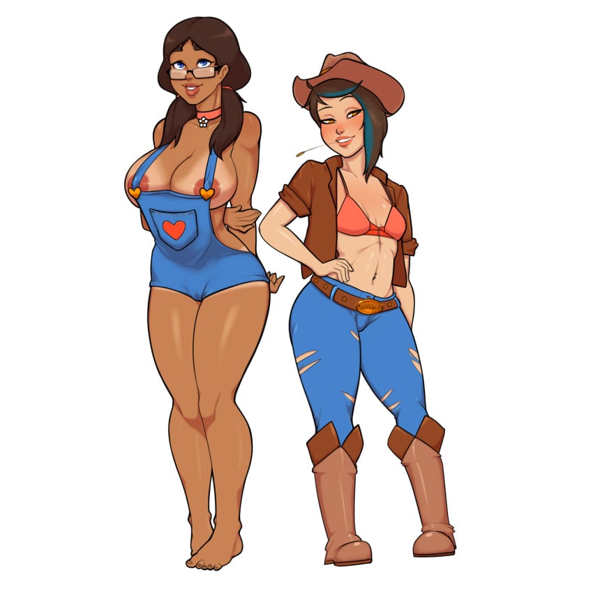 2girls areolae big_breasts bikini bikini_top blue_eyes breasts brown_hair busty cropped_jacket duo emily_(mrpotatoparty) farmer farmgirl female female_focus female_only full_body hat hourglass_figure huge_breasts large_breasts light-skinned_female light_skin micaela_(mrpotatoparty) mrpotatoparty multiple_girls naked_overalls navel nipples original overalls overflowing_breasts pinup pose posing sleeves_rolled_up small_breasts tan tan-skinned_female tan_skin tanline wide_hips