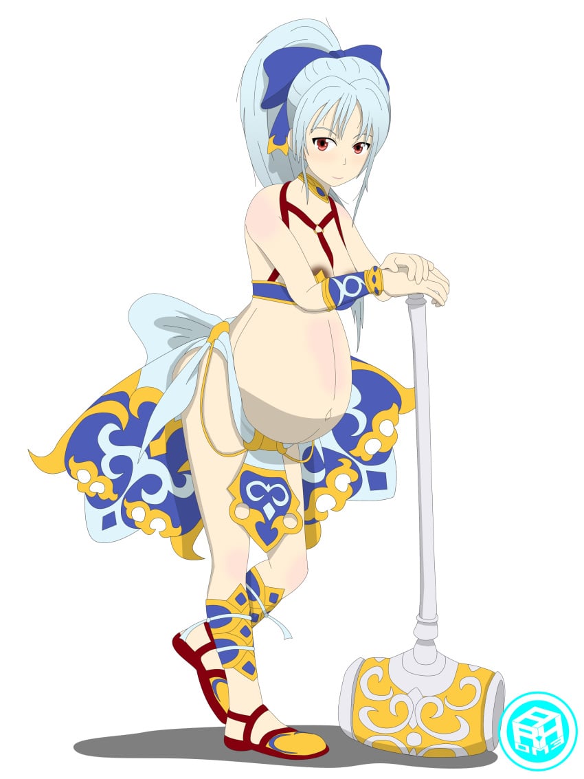 arkone bracers brown_nipples dancer_outfit grey_hair hair_ribbon hammer leaning_on_object looking_at_viewer meru_(dragoon) ponytail pregnant ready_to_pop red_eyes sandals signature smile sony_interactive_entertainment the_legend_of_dragoon wingly