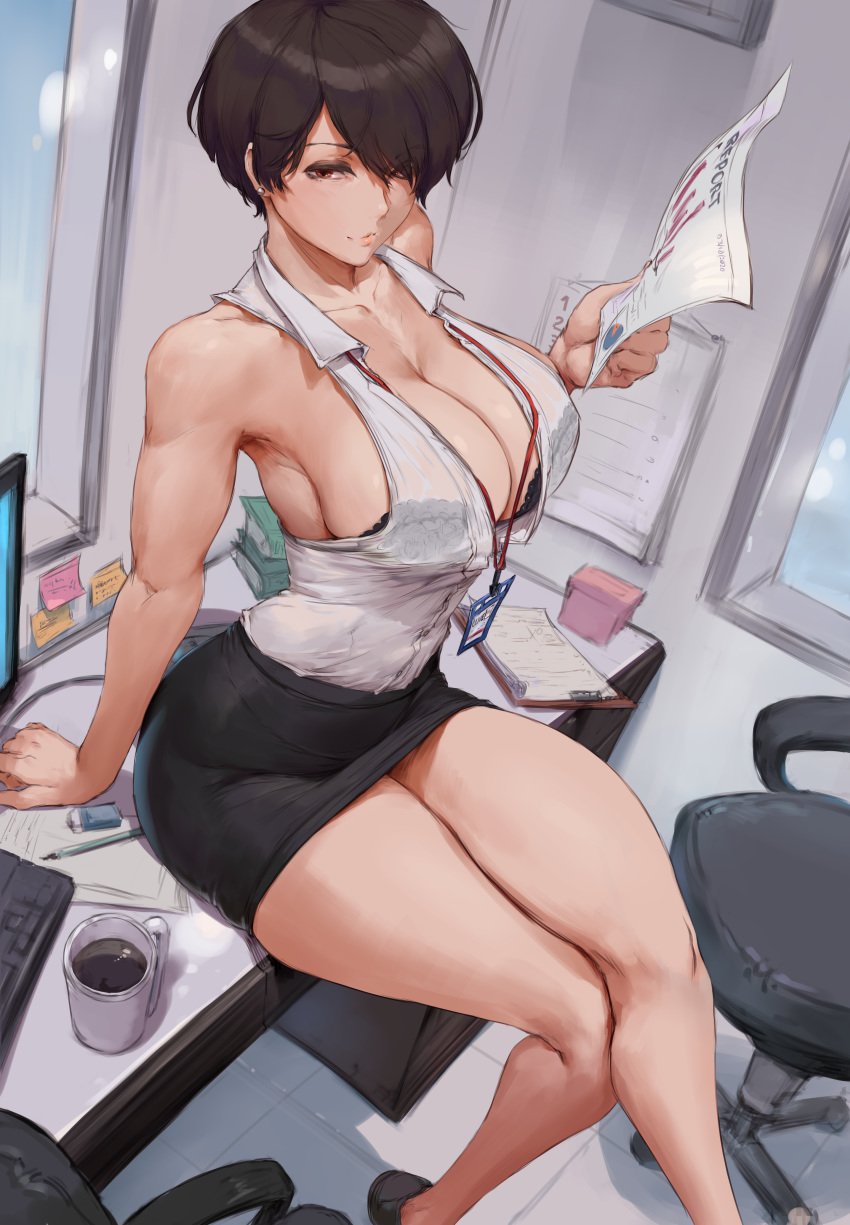 1girls armpits bare_shoulders big_breasts black_bra black_footwear black_hair black_skirt black_underwear book bra bra_visible_through_clothes breasts brown_eyes brown_hair business_suit casual chair clavicle cleavage clipboard coffee coffee_cup collared_shirt computer crossed_legs cutesexyrobutts desk desktop detailed_background earrings electronics eraser female female_only hair_between_eyes hair_over_one_eye hi_res high_resolution highres holding human indoors jewelry keyboard large_breasts legs_together looking_at_viewer miniskirt monitor muscular_female name_tag office office_chair office_lady on_desk only_female original original_character pale_skin paper pencil_skirt pixie_cut rubber see-through shirt short_hair short_skirt sideboob sitting sitting_on_desk sitting_on_table skirt skirt_suit sleeveless sleeveless_shirt smile smirk thick_thighs thighs tight_skirt tiles underwear very_high_resolution very_short_hair white_shirt wide_hips window workplace