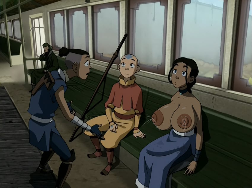 1girls 2boys aang air_nomad airbender_tattoo avatar_legends avatar_the_last_airbender big_breasts big_nipples blue_eyes brown_hair brown_skin clothing dark-skinned_female dark-skinned_male dark_skin edit female gigantic_breasts huge_breasts huge_nipples katara lactation lactation_without_expressing large_breasts male milk nipples nonbender poivoit screencap screenshot screenshot_edit sokka surprised the_avatar topless topless_female water_tribe