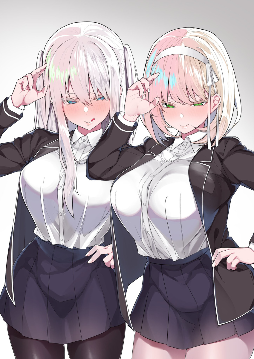 2girls blue_eyes blush button-up female green_eyes hair_ribbon huge_breasts long_hair looking_at_viewer mitsudoue multiple_girls pantyhose pink_hair school_uniform schoolgirl short_hair thick_thighs tight_clothing white_hair