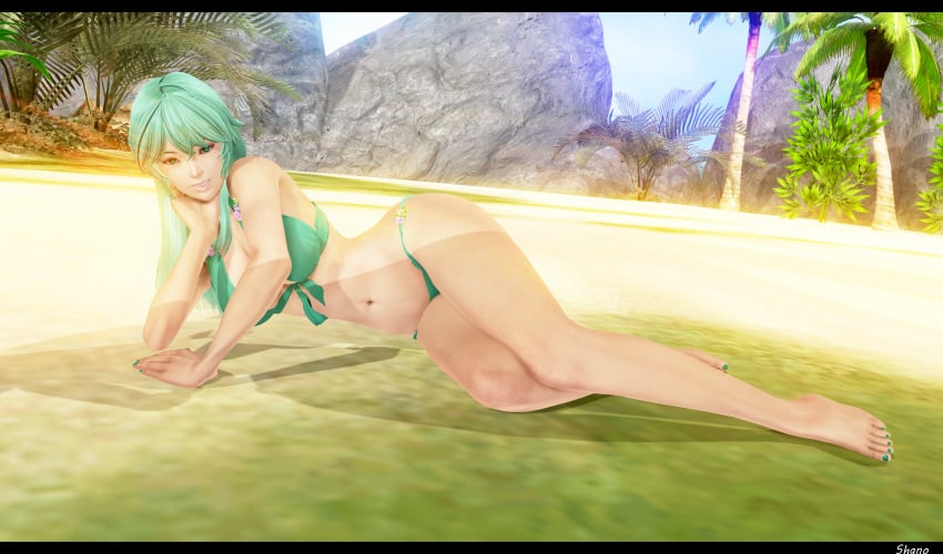 1girls ahoge barefoot beach big_breasts bikini cleavage feet female female_only green_bikini green_eyes green_hair green_swimsuit honey_select laying_down long_hair mascot navel pose posing rule_34-tan rule_34_(booru) shanodeshano site-tan smile studio_neo