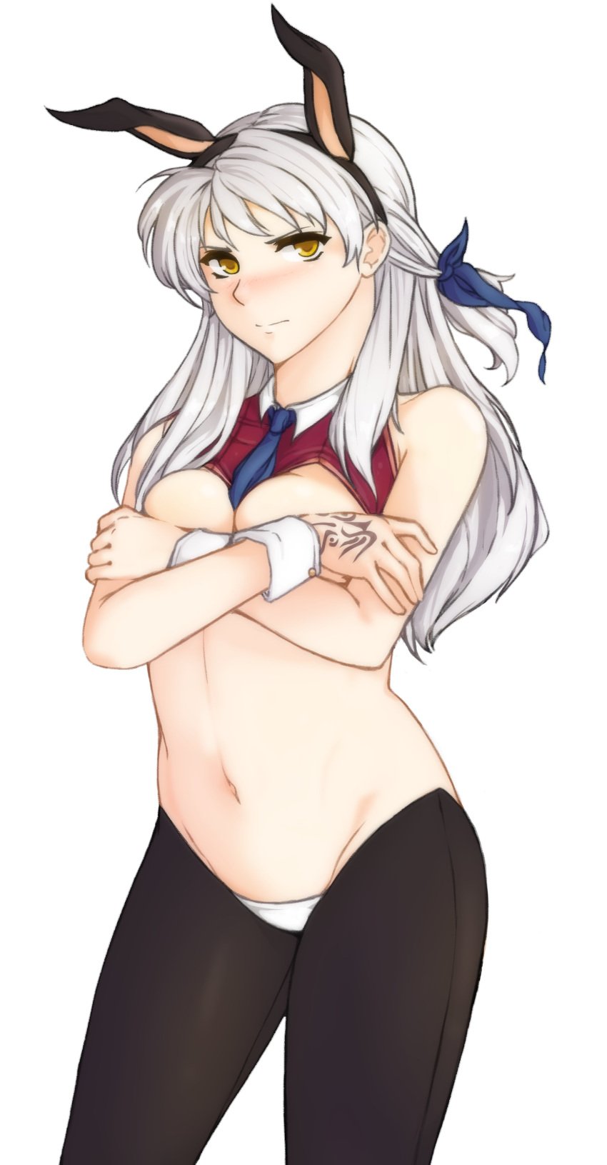 1girls bad_censor blush breasts bunnysuit covering fire_emblem fire_emblem:_radiant_dawn inferior_version micaiah_(fire_emblem) reverse_bunnysuit solo tridisart white_hair