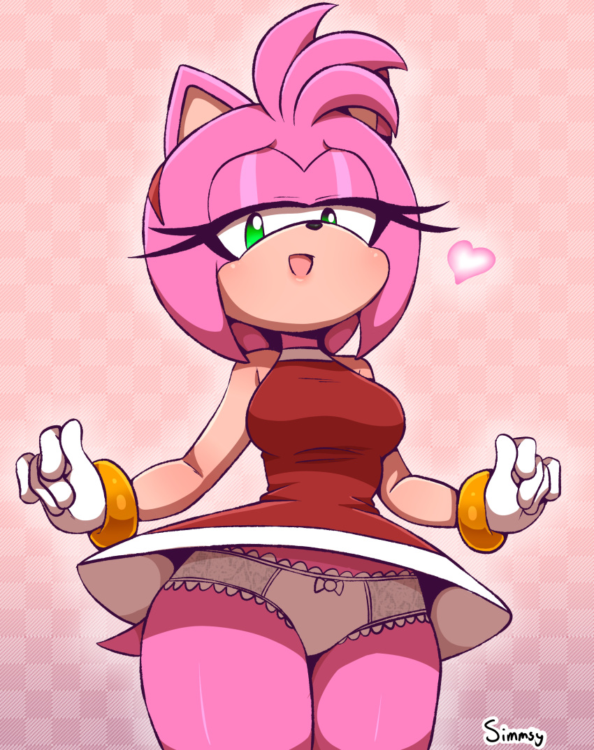 2019 amy_rose anthro bow_panties bracelet breasts clothed clothing digital_media_(artwork) female female_only fur furry furry_only green_eyes heart hedgehog looking_at_viewer low-angle_view panties pink_fur sega short_hair simmsy solo sonic_(series) tail thick_thighs underwear upskirt white_panties wide_hips