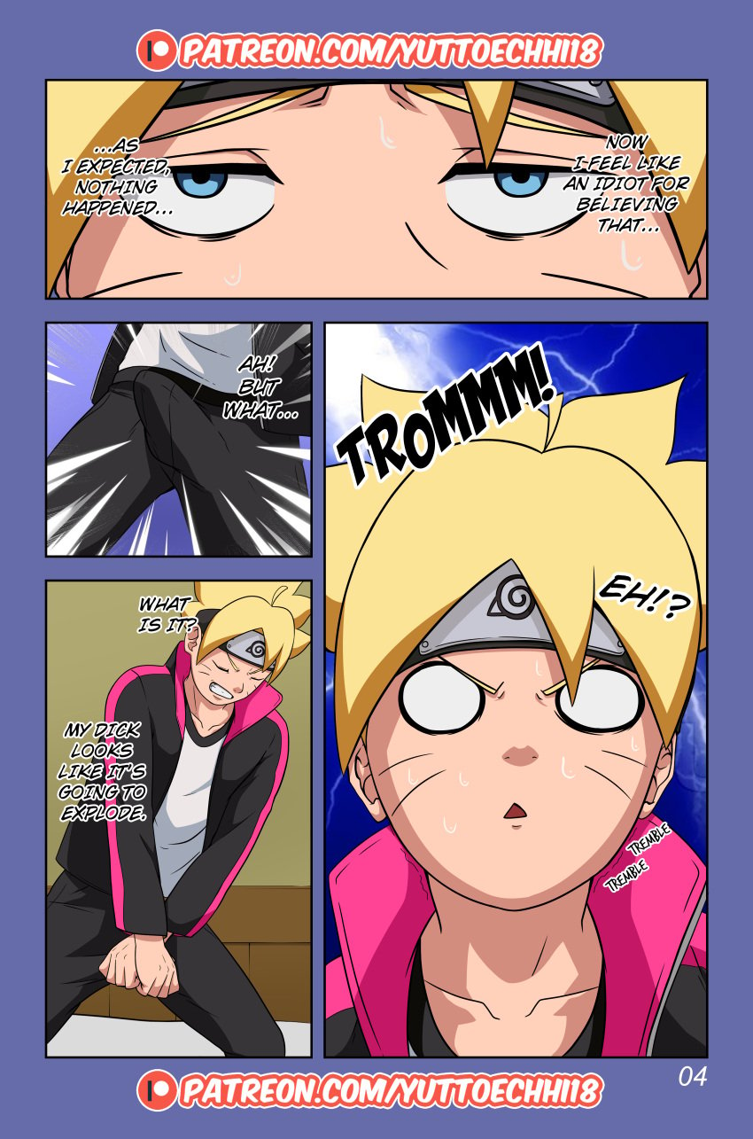 1boy blonde_hair blue_eyes boruto:_naruto_next_generations chapter_1 comic english_text headband mrchungus naruto naruto_(series) page_4 patreon right_to_left surprised text url uzumaki_boruto