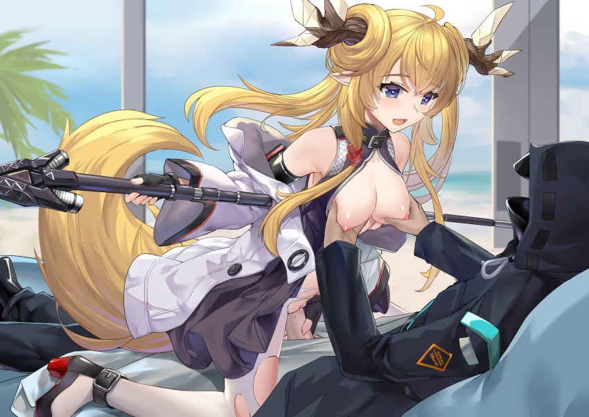 1boy 1girls 463_jun :d arknights bad_id bare_shoulders black_gloves blonde_hair blue_eyes blush breast_grab breasts cleavage cleft_of_venus clothed_sex coat cowgirl_position day doctor_(arknights) faceless_male female fingerless_gloves fluffy_tail gloves groping hair_between_eyes hand_on_face hand_on_penis happy happy_sex heart heart-shaped_pupils heels high_heels highres holding holding_scepter holding_staff holding_weapon hooded_coat hoodie horns jacket jacket_partially_removed leizi_(arknights) light-skinned_female light-skinned_male light_skin long_hair long_sleeves looking_at_partner lu_hao_liang lying_on_bed mask masked_male medium_breasts nipples no_bra on_bed open_mouth open_shirt pantyhose penis pillow pointy_ears ponytail purple_eyes pussy pussy_juice qilin riding riding_penis sex smile straight symbol-shaped_pupils tail torn_clothes torn_legwear torn_pantyhose uncensored vaginal vaginal_penetration vaginal_sex very_long_hair weapon white_legwear white_pantyhose wholesome