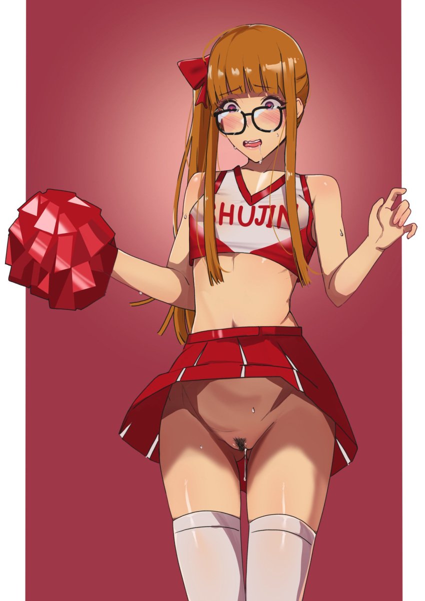 1girls bow cheerleader cheerleader_uniform classes clothing english_text female_focus female_only globburt hair_ornament leggings megami_tensei no_panties orange_hair persona persona_5 pubic_hair pussy sakura_futaba skirt solo stockings surprised tagme text