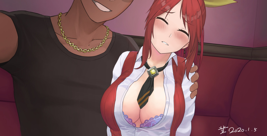 artist_request battle_academia_lux battle_academia_series big_breasts blush bra breasts chain cleavage closed_eyes dark-skinned_male dark_skin female hand_on_shoulder interracial large_breasts league_of_legends luxanna_crownguard male red_hair school_uniform schoolgirl tie