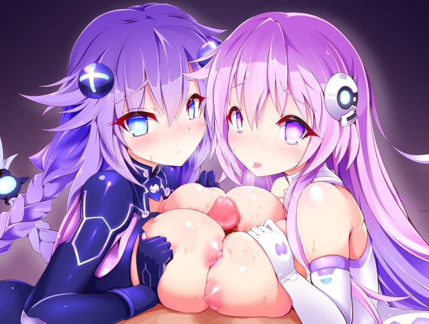 2girls blue_eyes blush braid breasts censored double_paizuri elbow_gloves gloves hair_ornament highres large_breasts leqz5945 long_hair looking_at_viewer multiple_girls multiple_paizuri nepgear neptune_(neptunia) neptunia_(series) open_mouth paizuri pink_eyes pink_hair purple_hair purple_heart_(neptunia) purple_sister siblings sisters straight sweat symbol-shaped_pupils twin_braids very_long_hair