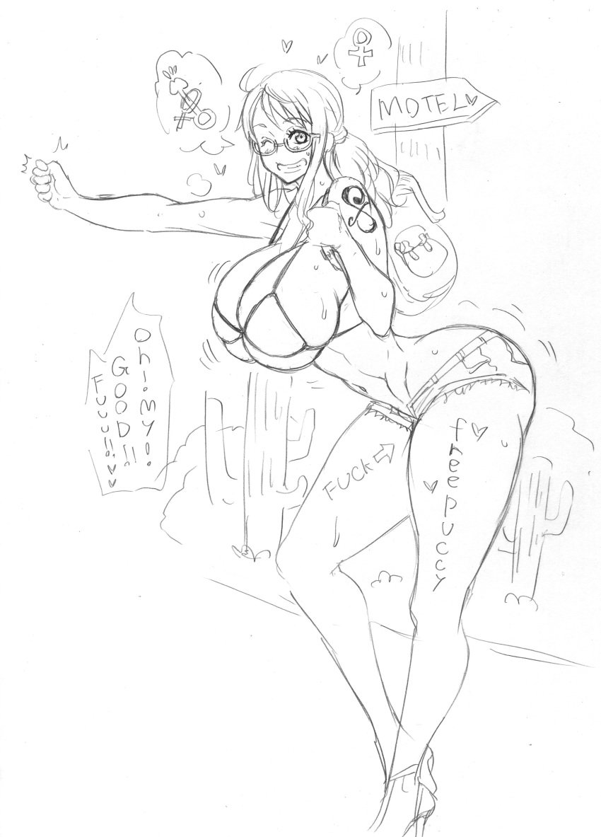 1girls absurd_res alternate_breast_size alternate_costume ando_hiroyuki ass backpack bangs bare_shoulders big_ass big_breasts bikini bikini_top bimbo black_and_white body_writing breasts cactus clenched_teeth clothing curvy english_text engrish eyebrows_visible_through_hair eyelashes female female_focus female_only glasses grin high_heels hips hitchhiking huge_ass huge_breasts human jeans large_ass large_breasts long_hair long_legs looking_at_viewer monochrome nami nami_(one_piece) navel one_eye_closed one_piece parted_lips post-timeskip revealing_clothes rough_sketch short_shorts shorts sideboob sign sketch skimpy smile solo_female speech_bubble sweat sweatdrop tattoo teeth text thick_thighs thighs tied_hair underboob voluptuous wide_hips wink