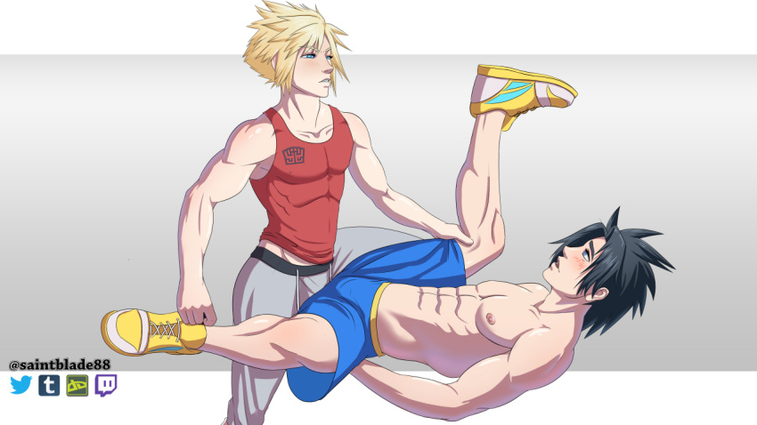 2boys abs blonde_hair blue_eyes blush cloud_strife crisis_core_final_fantasy_vii final_fantasy final_fantasy_vii gay imminent_sex legs_apart legs_held_open legs_spread legs_up male male_only muscles muscular muscular_male parted_lips pecs shirtless sinnerblade88 tank_top yaoi zack_fair