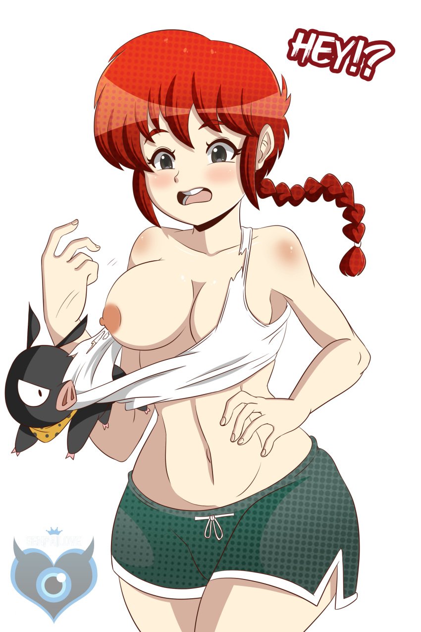 1girls areolae artist_name assisted_exposure big_breasts breasts canon_genderswap clothing female genderswap hair large_breasts long_hair nipples p-chan pig ranma-chan ranma_1/2 ranma_saotome red_hair ryoga_hibiki senpailove shorts solo text torn_clothes watermark